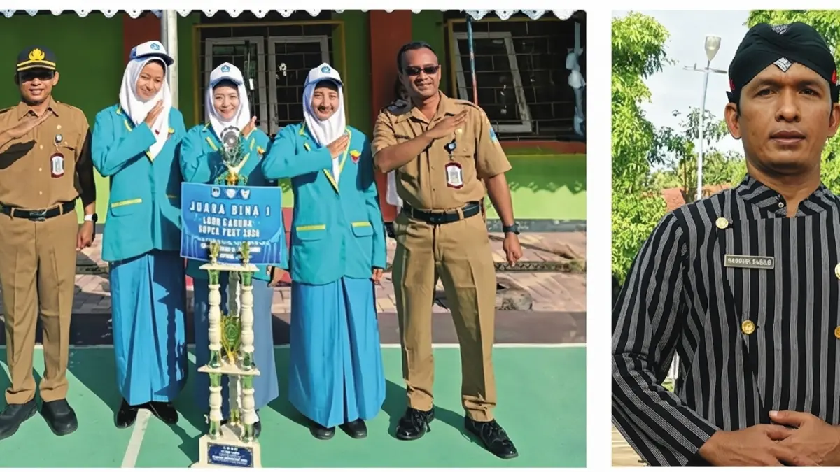 BERPRESTASI: Kepala SMKN 2 Nganjuk Harbudi Susilo bersama siswanya yang meraih juara di perlombaan. SMKN 2 Nganjuk terapkan 10 UPJ.