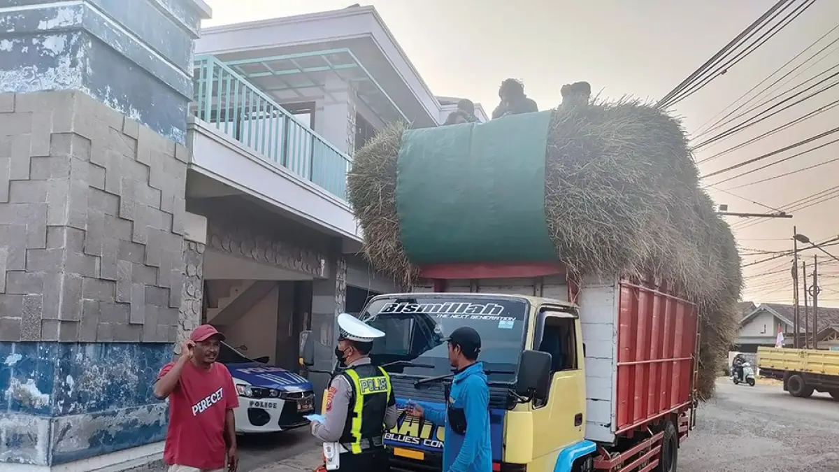 BERBAHAYA: Petugas Satlantas Polres Nganjuk menilang sopir truk yang mengangkut jerami dan orang di atasnya. (novanda nirwana/jprk)
