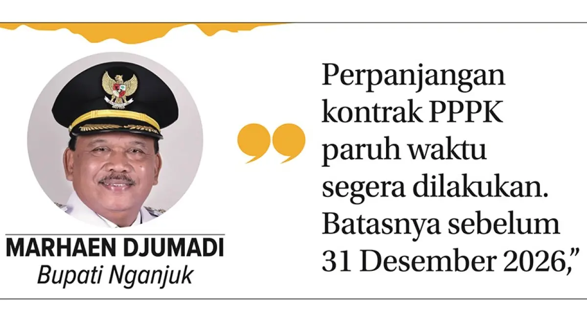 Bupati Nganjuk Marhaen Djumadi menjelaskan, dia sudah memberikan lampu hijau untuk perpanjangan kontrak paruh waktu. Namun tidak dengan kenaikan gaji. (karen wibi/jprk) 