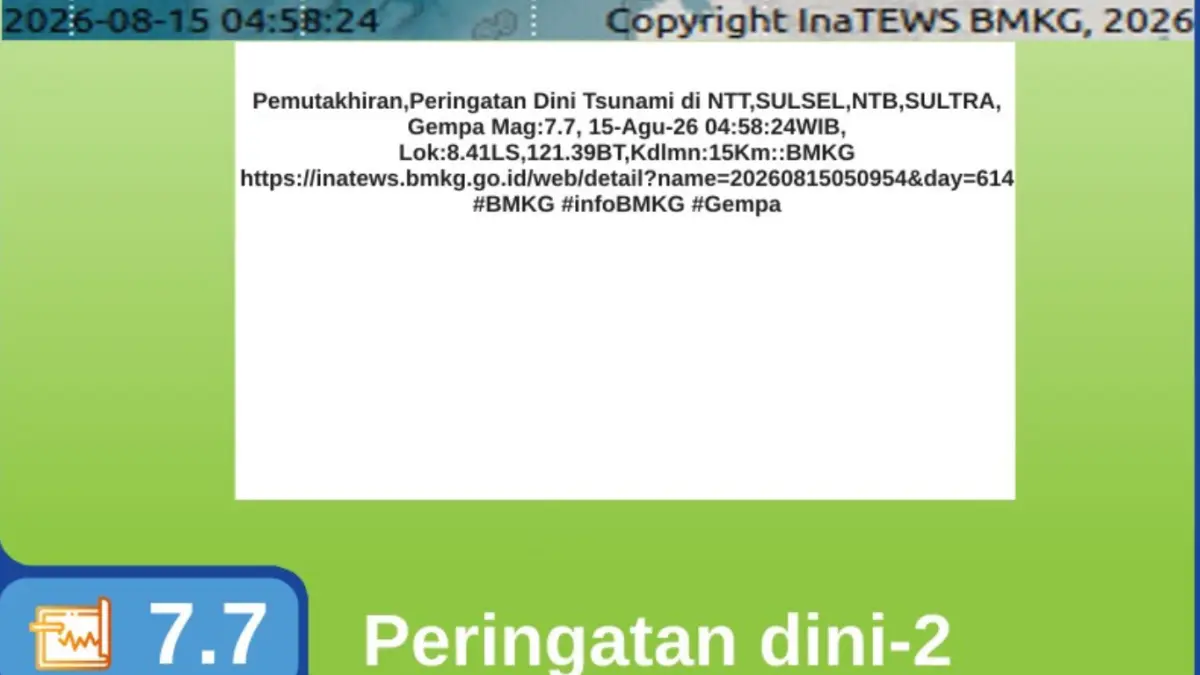 Infografis BMKG tentang gempa M7,7 di Mbay-Nagekeo NTT, Sabtu (15/8/2026) pukul 04.58 WIB. BMKG mengeluarkan peringatan dini tsunami untuk NTT, Sulsel, NTB, dan Sultra.