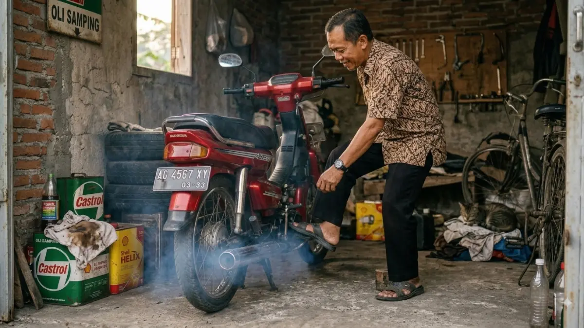 ilustrasi bapak sedang menyalakan motor jadul (gemini ai)