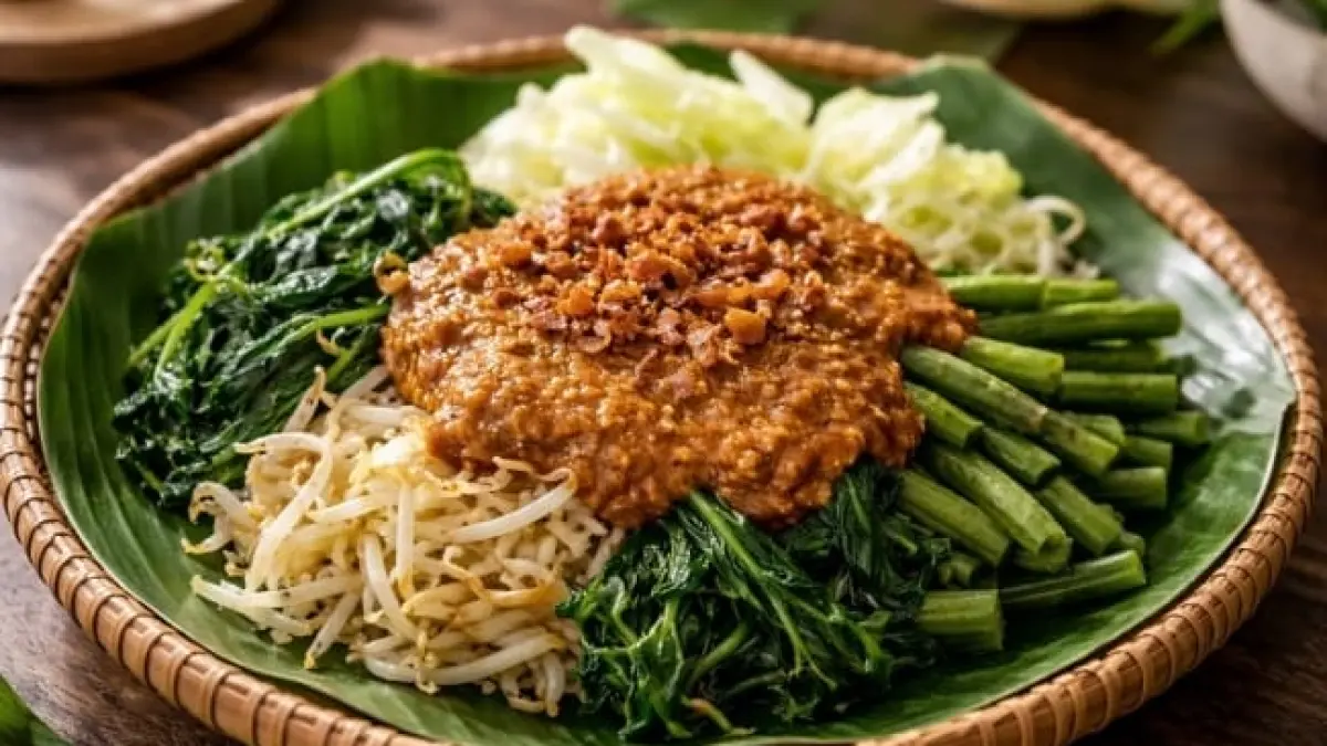 Sambal kacang dengan cita rasa gurih, manis, pedas, dan segar yang cocok disajikan bersama aneka sayuran dalam hidangan pecel atau lotek.