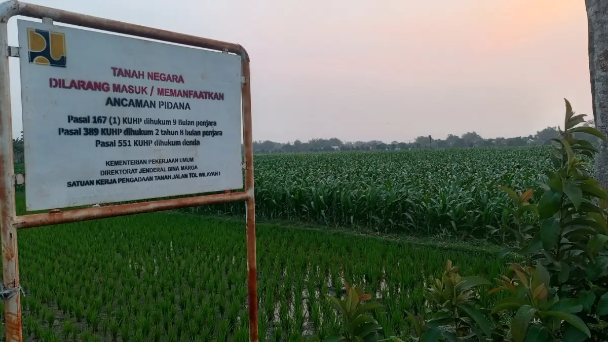 Salah satu lahan warga di Desa Banjaranyar yang terdampak tol Kediri-Kertosono dipasang papan peringatan. (Foto: Rekian)