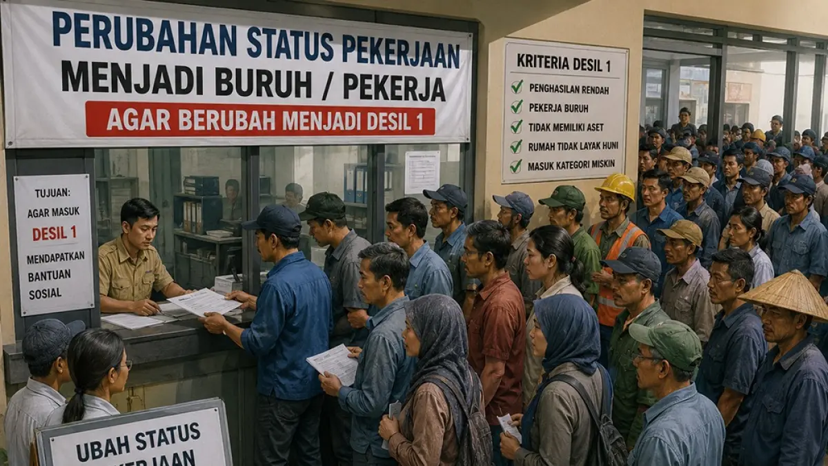 Sebagian besar warga mengganti status pekerjaannya menjadi buruh serabutan.Fenomena tersebut muncul karena adanya anggapan bahwa status pekerjaan yang tercantum di KTP berkaitan dengan penentuan desil. (ilustrasi dari AI/jprk)