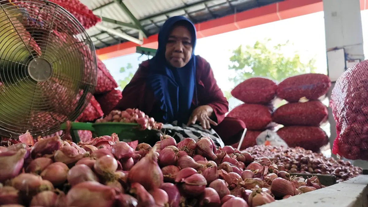 HARGA NAIK: Pedagang brambang di Pasar Baru Sukomoro menimbang dagangannya. Harga bawang merah mencapai Rp 18 ribu per kilogram kemarin. (novanda nirwana/jprk)
