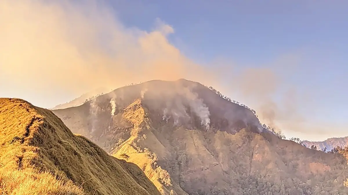 ASAP MENGEPUL: Puncak Gunung Wilis terlihat terbakar kemarin. Kebakaran diduga karena dampak kekeringan dan suhu panas yang melanda Kabupaten Nganjuk. (karen wibi/jprk)