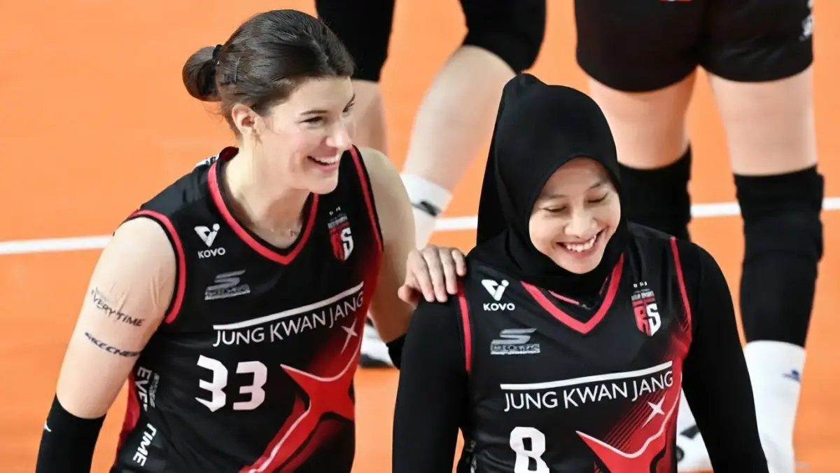 Vanja Bukilic dan Megawati Hangestri ketika sama-sama membela Red Sparks pada di Liga Voli Putri Korea, Selasa (31/12/2024) lalu.