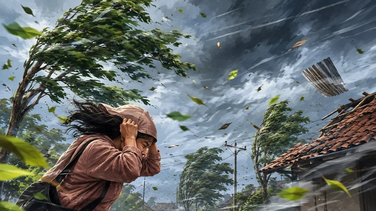 Pengendara di jalan raya diminta mewaspadai pohon maupun benda lain yang berpotensi roboh akibat terpaan angin kencang. (Ilustrasi dari AI)