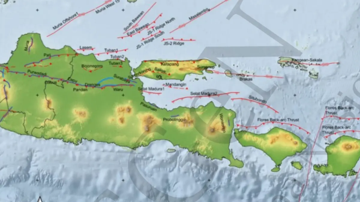 Peta sesar Gunung Kendeng yang melintasi beberapa daerah termasuk di Rejoso Nganjukm