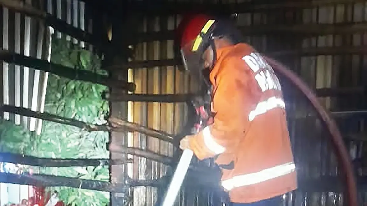 BIKIN GEMPAR: Petuas Damkarmat berusaha memadamkan api yang melalap kandang sapi warga Desa Tiripan, Berbek pada Sabtu (19/9).