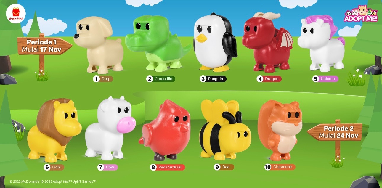 LUCU: Mainan Adopt Me yang bisa didapatkan dari paket Happy Meal Adopt Me yang tersedia di seluruh restoran McDonald&rsquo;s Indonesia mulai dari 17 November sampai dengan 21 Desember 2023.