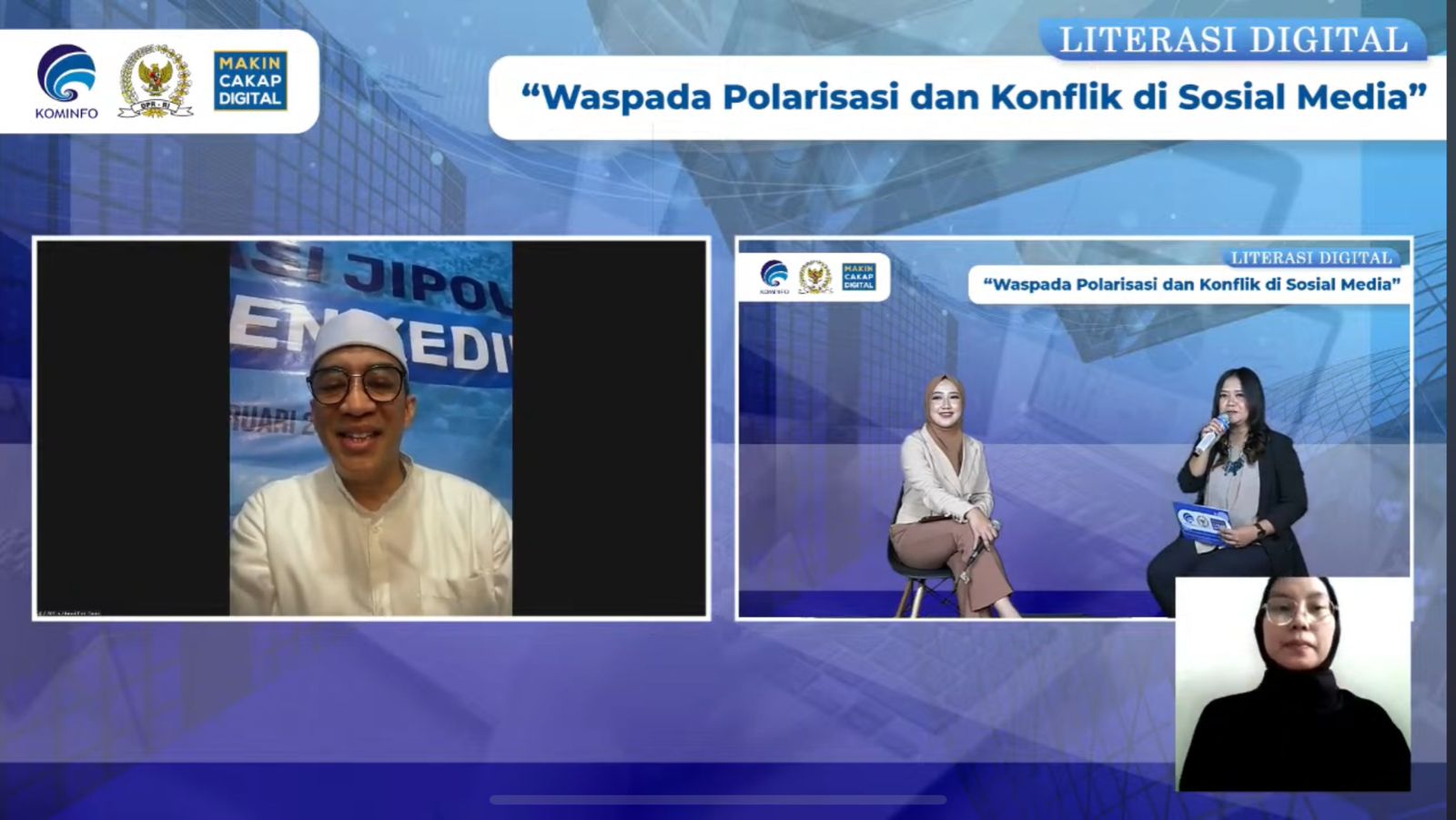 Kegiatan Webinar Literasi Digital dengan tema Mewaspadai Polarisasi dan Konflik di Era Media Sosial yang digelar oleh Kemenkominfo.
