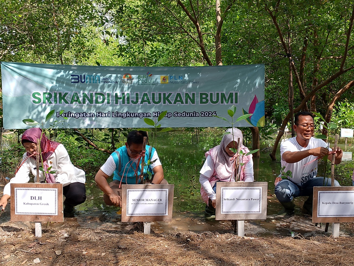 SIMBOLIS: Senior Manager PLN UP Gresik, Mochamad Fauzi Iskandar (dua dari kiri) melakukan penanaman mangrove di Banyuurip Mangrove Center.