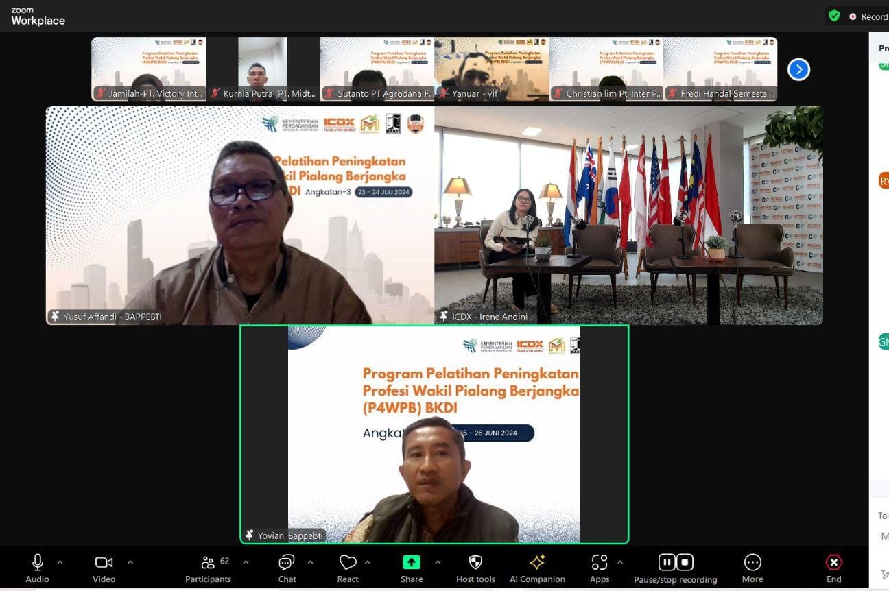 TINGKATKAN KUALITAS SDM: Kegiatan Program Pelatihan Peningkatan Profesi Wakil Pialang Berjangka (P4WPB) yang diselenggarakan secara daring pada 23-24 Juli 2024.