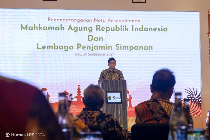 FOKUS: Ketua Dewan Komisioner LPS, Purbaya Yudhi Sadewa memberi sambutan di acara Penandatanganan Nota Kesepahaman dengan MA untuk memperkuat perlindungan dana masyarakat di Bali, Jumat (20/9).