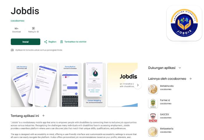 PRAKTIS: Tampilan aplikasi pencari kerja bagi disabilitas yang dibuat oleh Unesa yakni Job for Disability (Jobdis).
