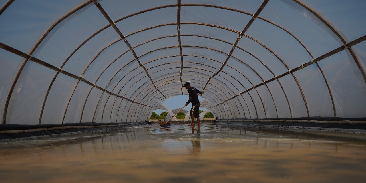 KUALITAS TINGGI: Petani garam di Indramayu dibekali teknologi tunnel garam dan mesin SWRO, yang memungkinkan produksi garam bisa dilakukan sepanjang tahun.