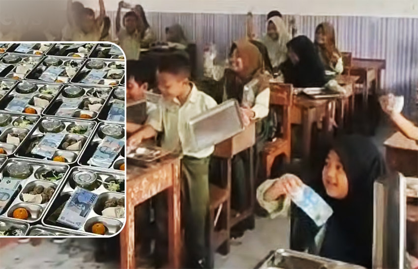 GEMBIRA: Ribuan siswa di Kecamatan Tanah Merah dibuat terkejut sekaligus bahagia saat membuka ompreng Makan Bergizi Gratis (MBG) yang ternyata berisi uang tunai Rp 50 ribu.