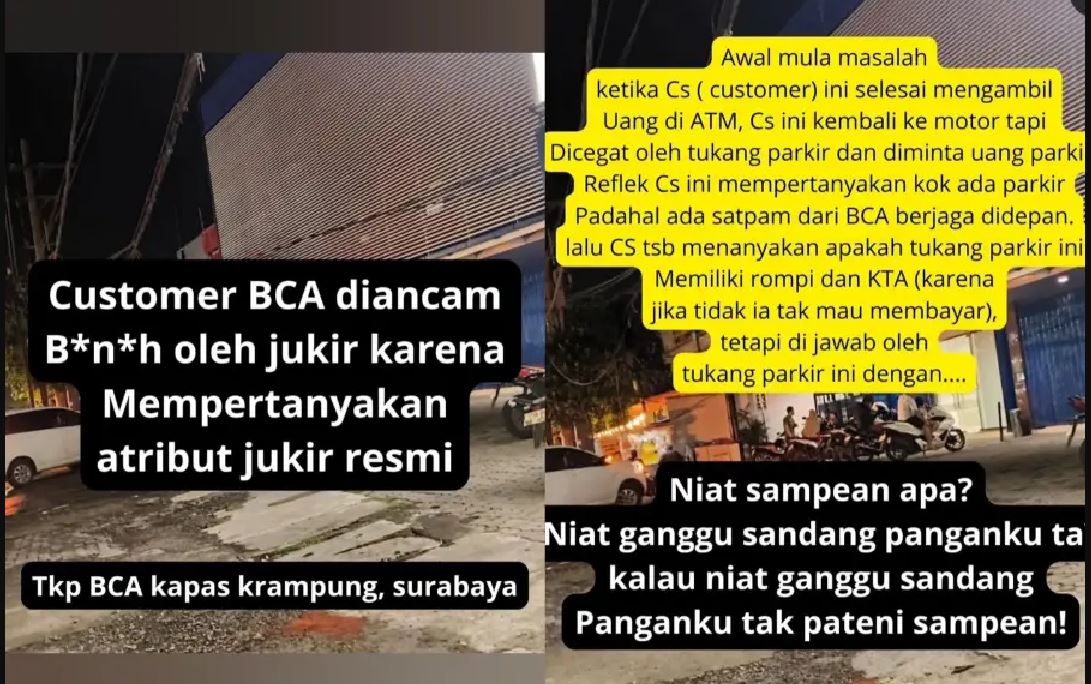 Seorang nasabah bank, AH, diancam bunuh oleh juru parkir (jukir) liar di depan kantor salah satu bank swasta, Jalan Kapas Krampung, Tambaksari, Surabaya.