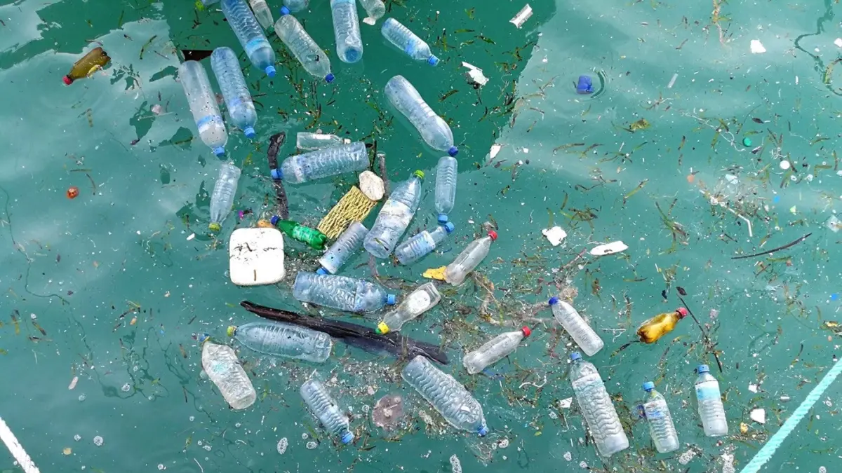 ILUSTRASI: Sampah botol plastik yang berada di tengah laut. 