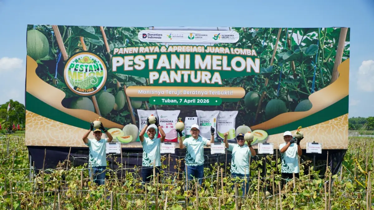 Direktur Keuangan dan Umum Petrokimia Gresik, Adityo Wibowo (tengah), bersama manajemen Petrokimia Gresik dan stakeholder terkait saat panen melon bersama dalam kegiatan Panen Raya & Apresiasi Pestani Melon di Tuban. (Ist/Radar Gresik)