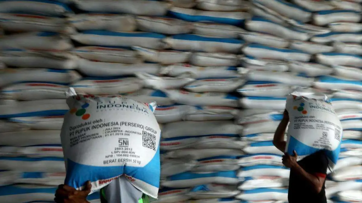 INCARAN: Petugas sedang memindahkan karung pupuk di sebuah gudang penyimpanan.