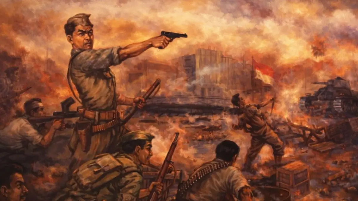 PERJUANGAN: Sebuah lukisan yang menggambarkan peristiwa heroik 10 November 1945 di Surabaya.
