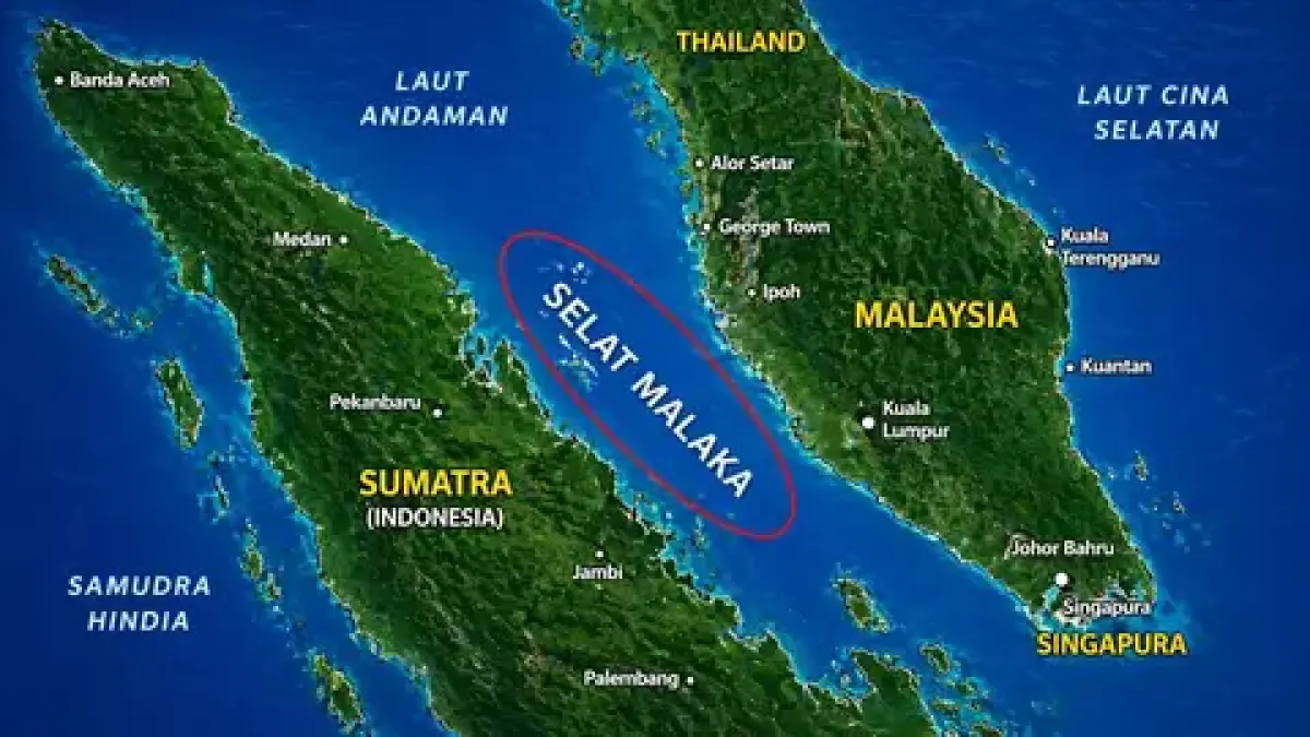ILUSTRASI: Peta yang menunjukkan letak posisi Selat Malaka yang berada di perairan Indonesia, Malaysia dan Singapura. 