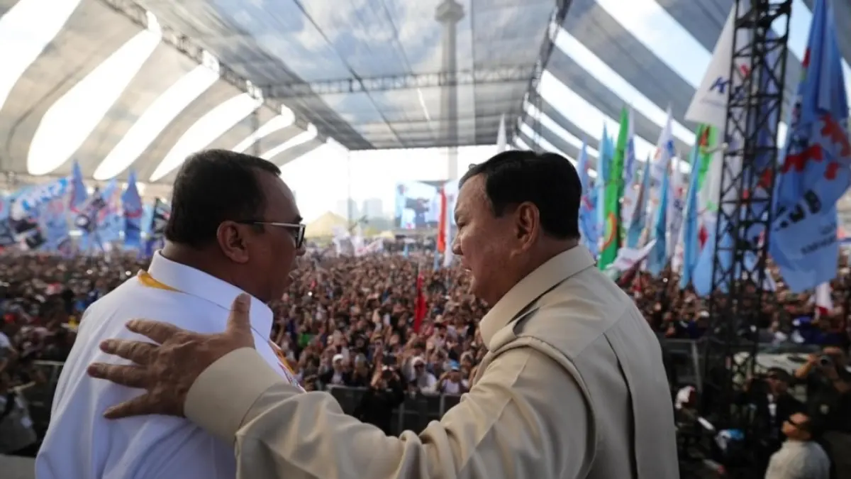 Presiden RI Prabowo Subianto memberikan arahan saat Peringatan Hari Buruh Internasional di Monas, Jakarta, Jumat (1/5/2026).