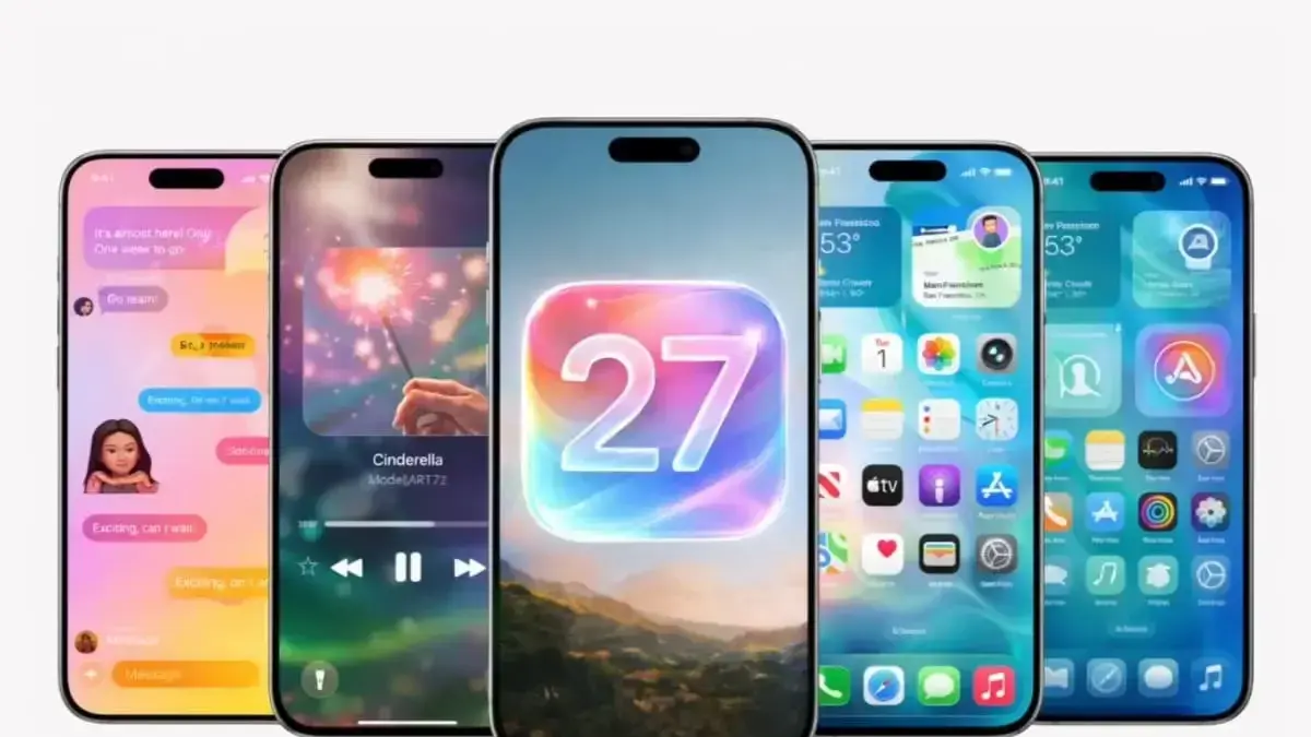 Tampilan layar iPhone yang menunjukkan antarmuka sistem operasi iOS terbaru dengan latar belakang widget modern.