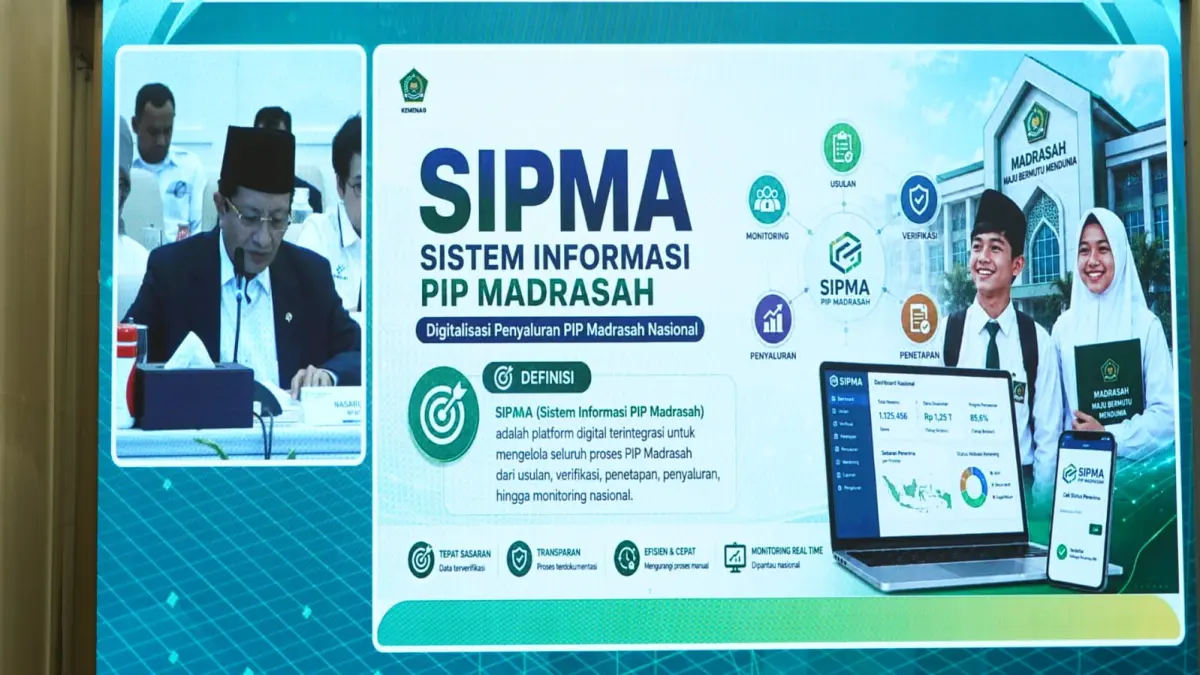 Menteri Agama Nasaruddin Umar saat memaparkan skema perluasan digitalisasi Bansos dan integrasi sistem SIPMA dalam Rapat Tingkat Menteri di Bappenas, Jakarta.