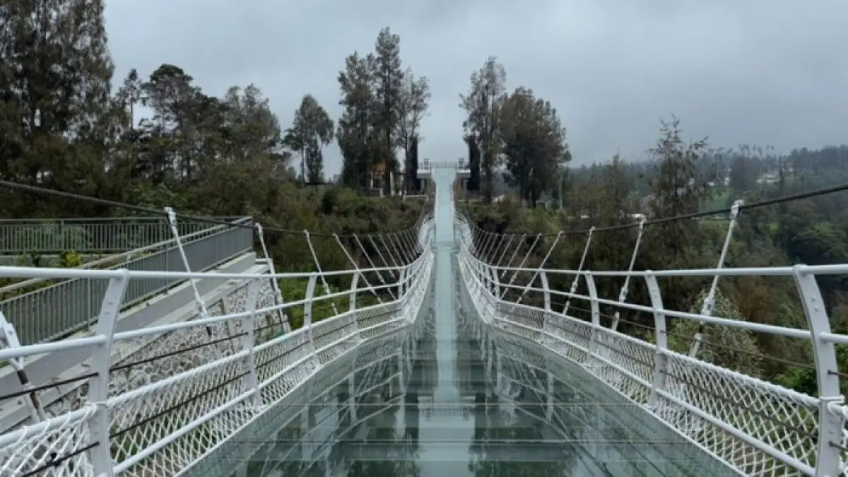 PANORAMA INDAH: Inspeksi akhir Jembatan Kaca Seruni Point Bromo sebelum pre-launching dan lolos uji beban 6 ton. (IST)
