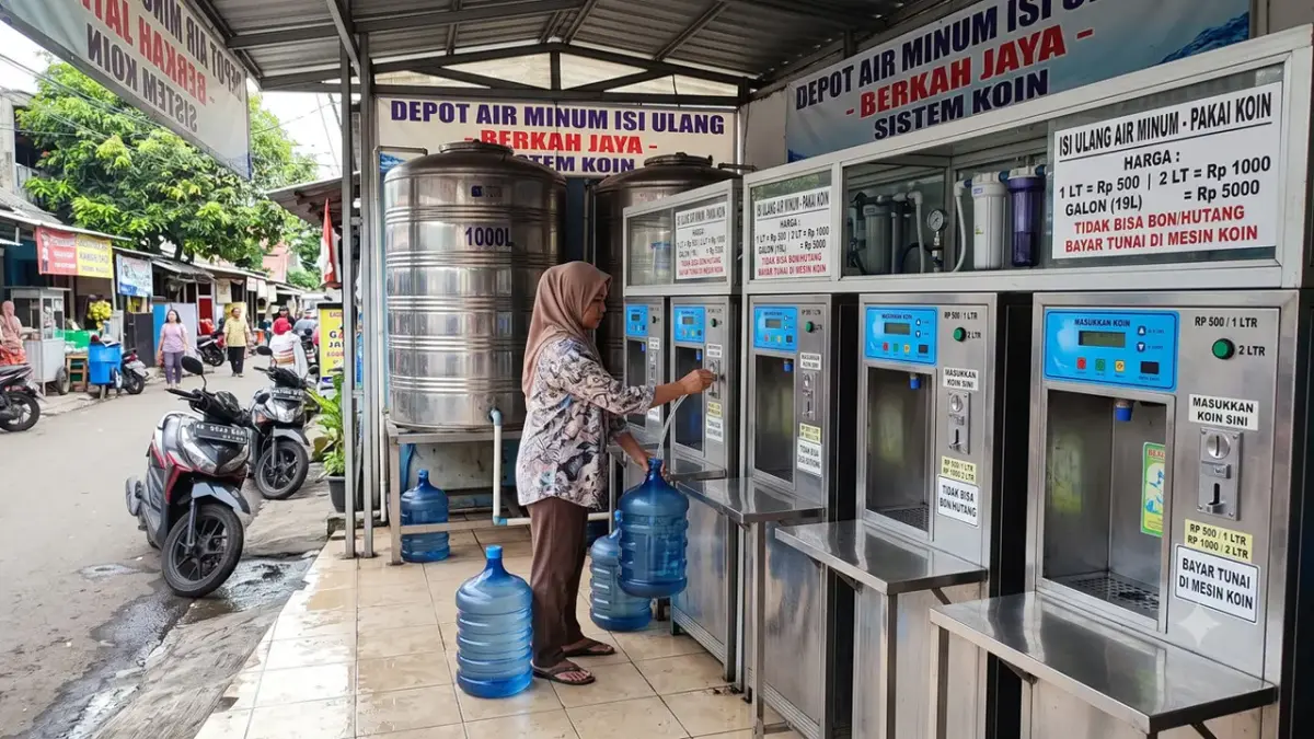 ILUSTRASI: Warga mengisi air di depot sistem koin. Kemendag kini perketat aturan operasional depot air minum.