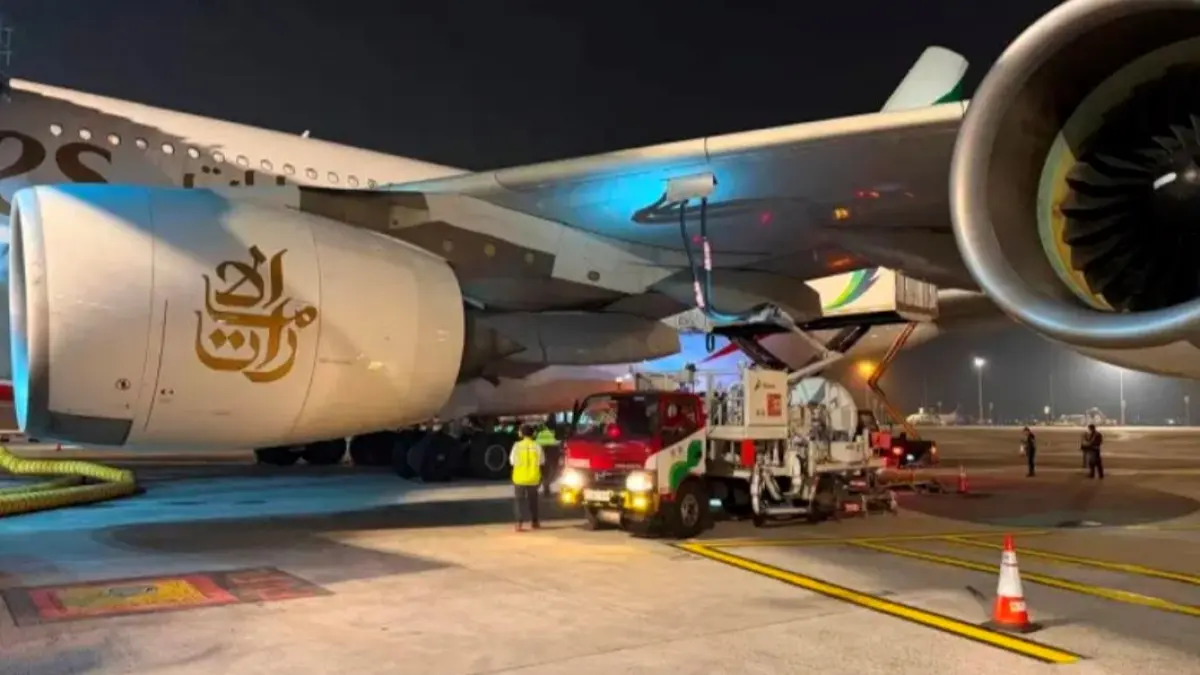 Pesawat Airbus A380 Emirates mendapatkan layanan pengisian bahan bakar dari PT Pertamina Patra Niaga di Bandara Internasional Soekarno-Hatta, Tangerang, Banten.