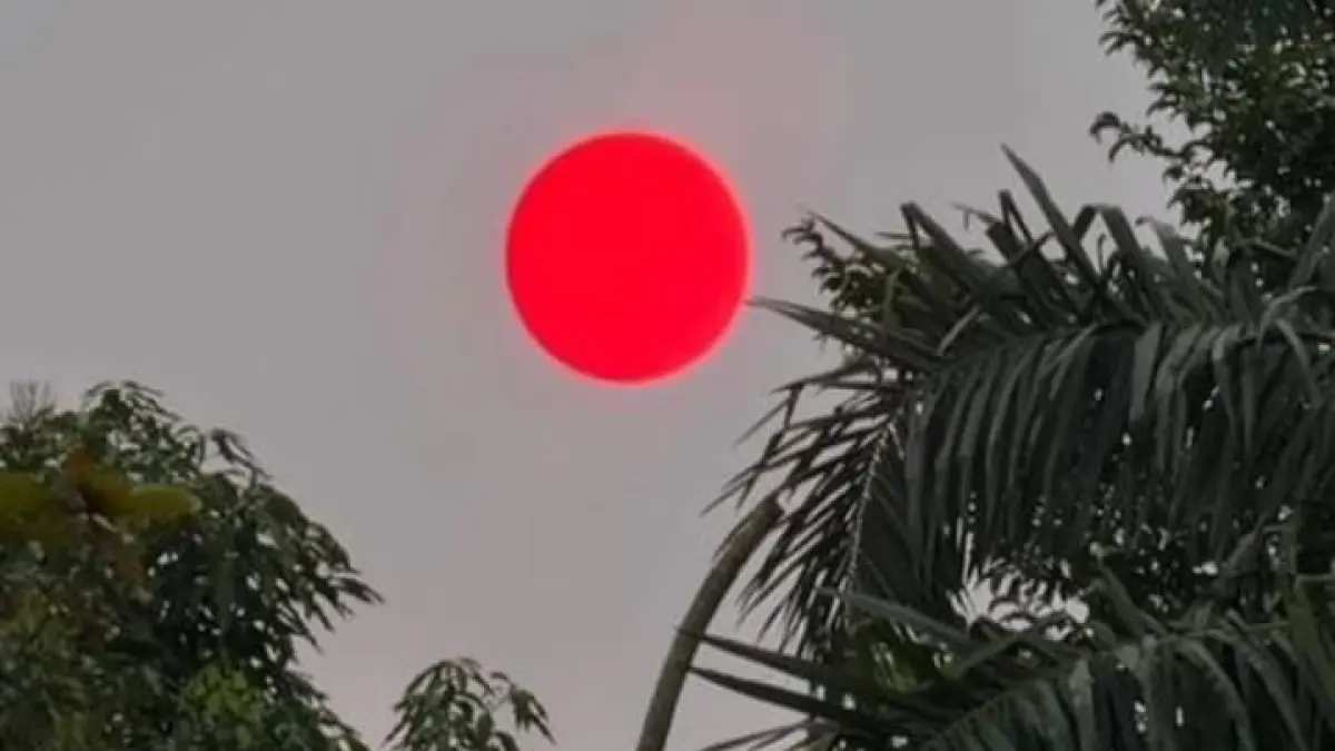 Fenomena matahari berwarna merah pekat terlihat di langit Palangka Raya, Kalteng, Kamis (20/8/2026) sore.