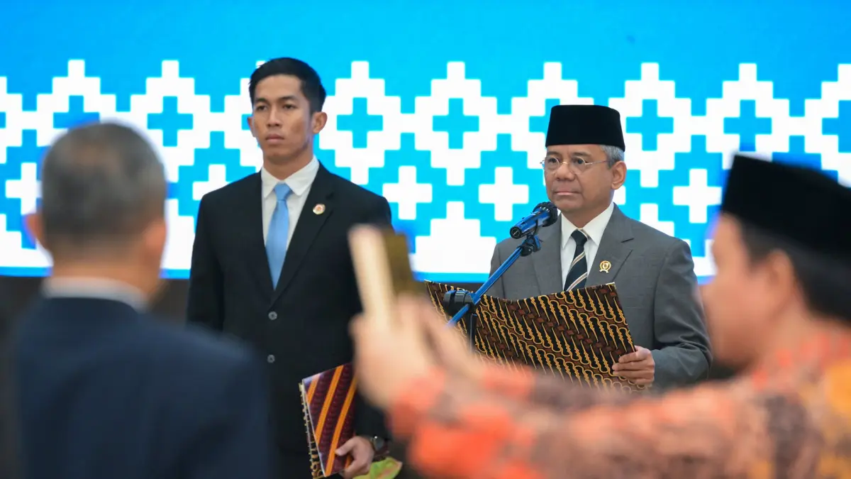 Menkeu Suahasil Nazara saat melantik 14 Pejabat Tinggi Pratama Kemenkeu, Senin (21/9/2026).