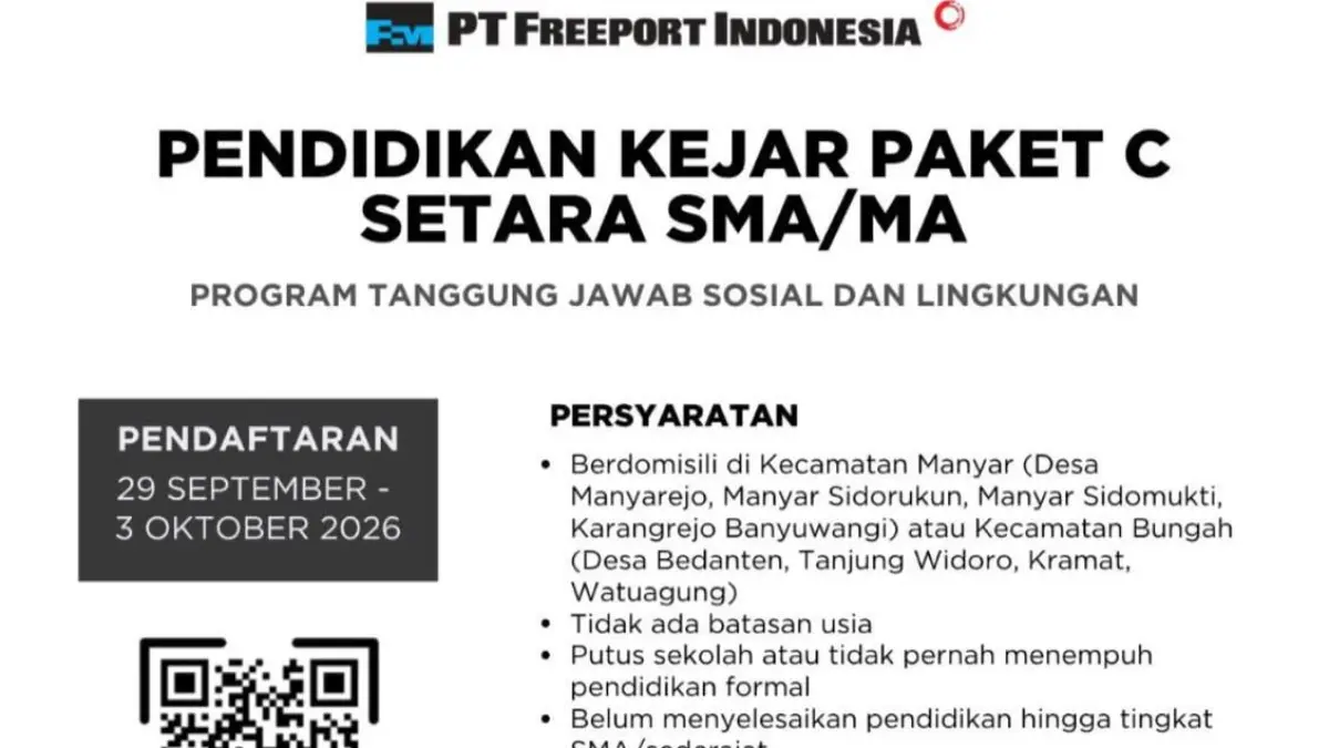 PT Freeport Indonesia membuka program Kejar Paket C gratis bagi warga Kecamatan Manyar dan Bungah, Gresik.
