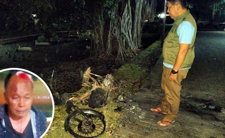 HANGUS: Kondisi motor yang digunakan pelaku tersisa rangka usai dibakar warga. Inset pelaku alami luka saat diamankan. (Rizal Syatori/ Radar Pasuruan)
