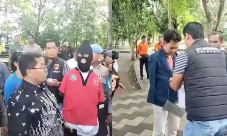 Terduga pelaku pelecehan seksual I Wayan Agus Suartama (IWAS) alias Agus Buntung mengenakan penutup wajah atau topeng saat menjalani rekonstruksi 49 adegan pada tiga lokasi berbeda.