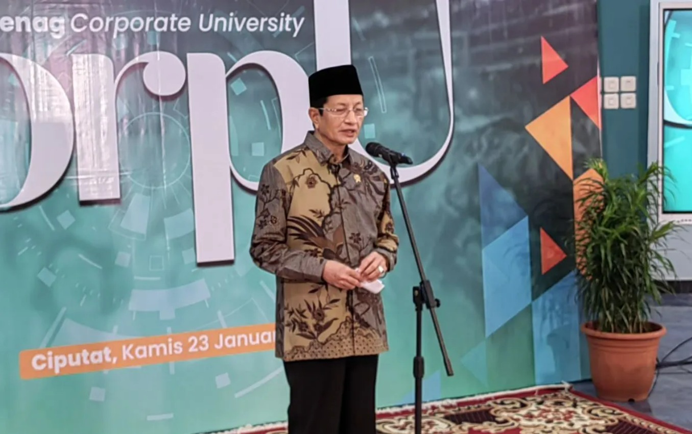 Menteri Agama Nasaruddin Umar saat meresmikan Pusat Informasi Strategi Kebijakan Keagamaan dan Corporate University di Ciputat, Tangerang Selatan, Kamis (23/1/2025).