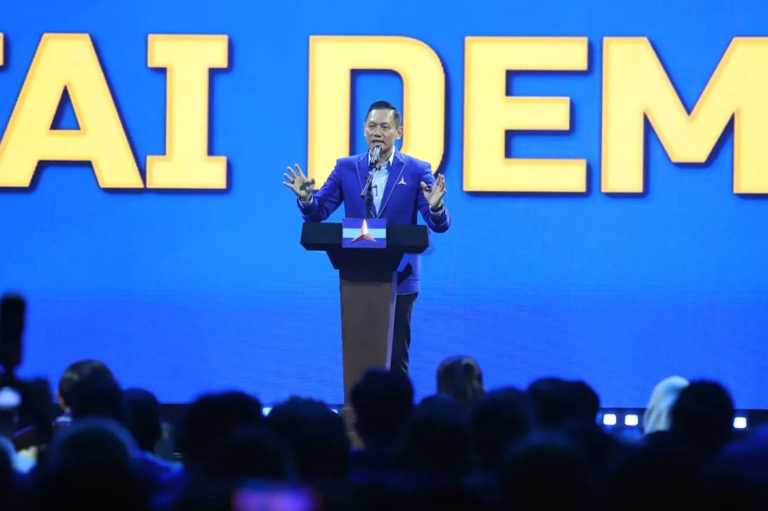 Ketua Umum Partai Demokrat Agus Harimurti Yudhoyono (AHY) dalam pidato politik pembukaan Kongres Partai Demokrat ke-VI di Hotel Ritz Carlton, Jakarta, Senin (24/2).