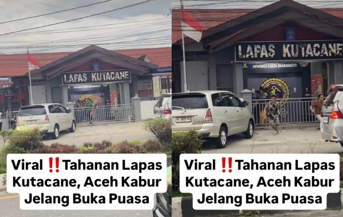 Tangkapan layar video viral puluhan tahanan Lapas Kutacane Aceh yang kabur jelang buka puasa.