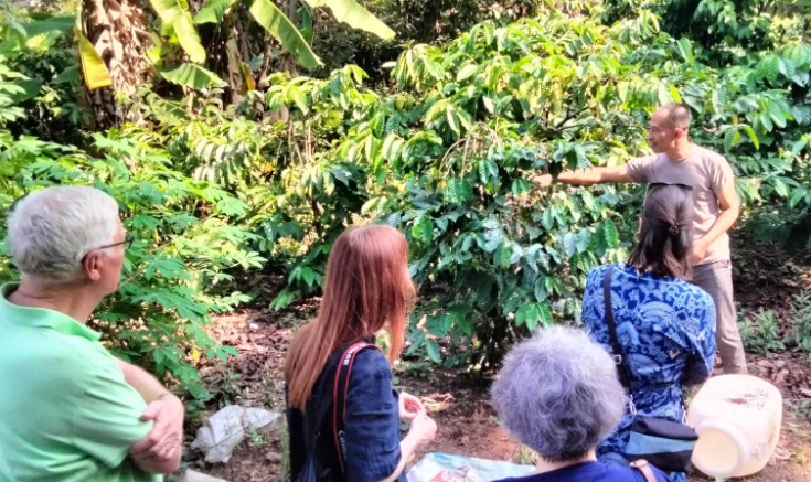 JADI DESTINASI WISATA: Jumali petani kopi asal Desa Dayurejo, saat mendampingi tamu turis mancanegara berkunjung ke kebun kopi miliknya.
