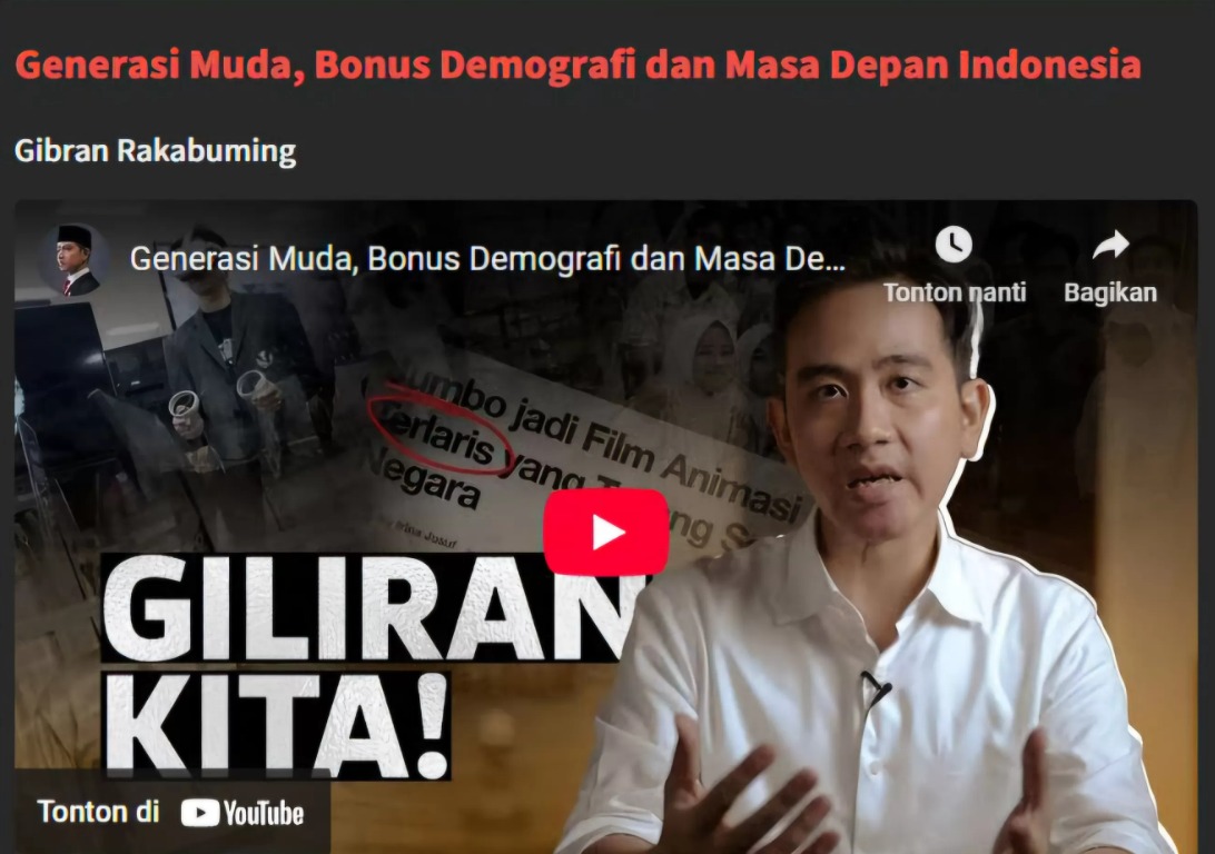 Tangkapan layar video YouTube Wapres Gibran ramai dihujat netizen.