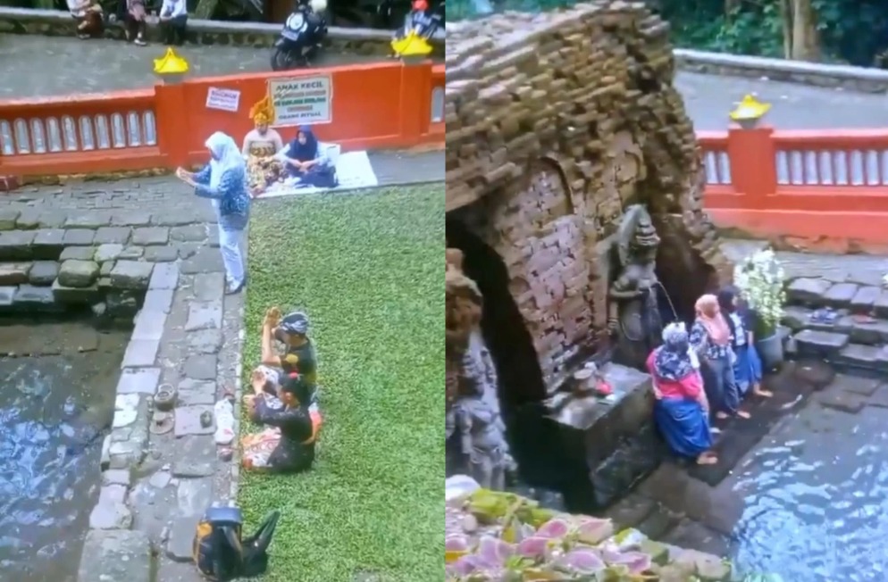 Tangkapan layar video viral sekelompok emak-emak berkerudung terlihat berfoto di tempat ibadah orang Hindu saat mereka sedang sembahyang.