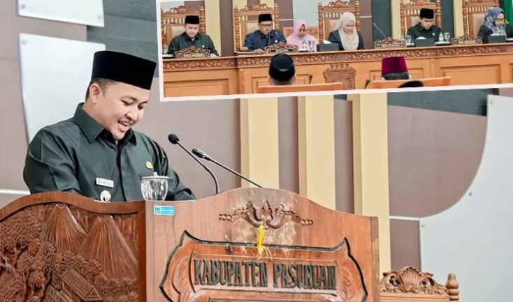 Bupati Pasuruan Mas Rusdi saat menyampaikan Perubahan KUA-PPAS. Inset suasana paripurna di DPRD setempat