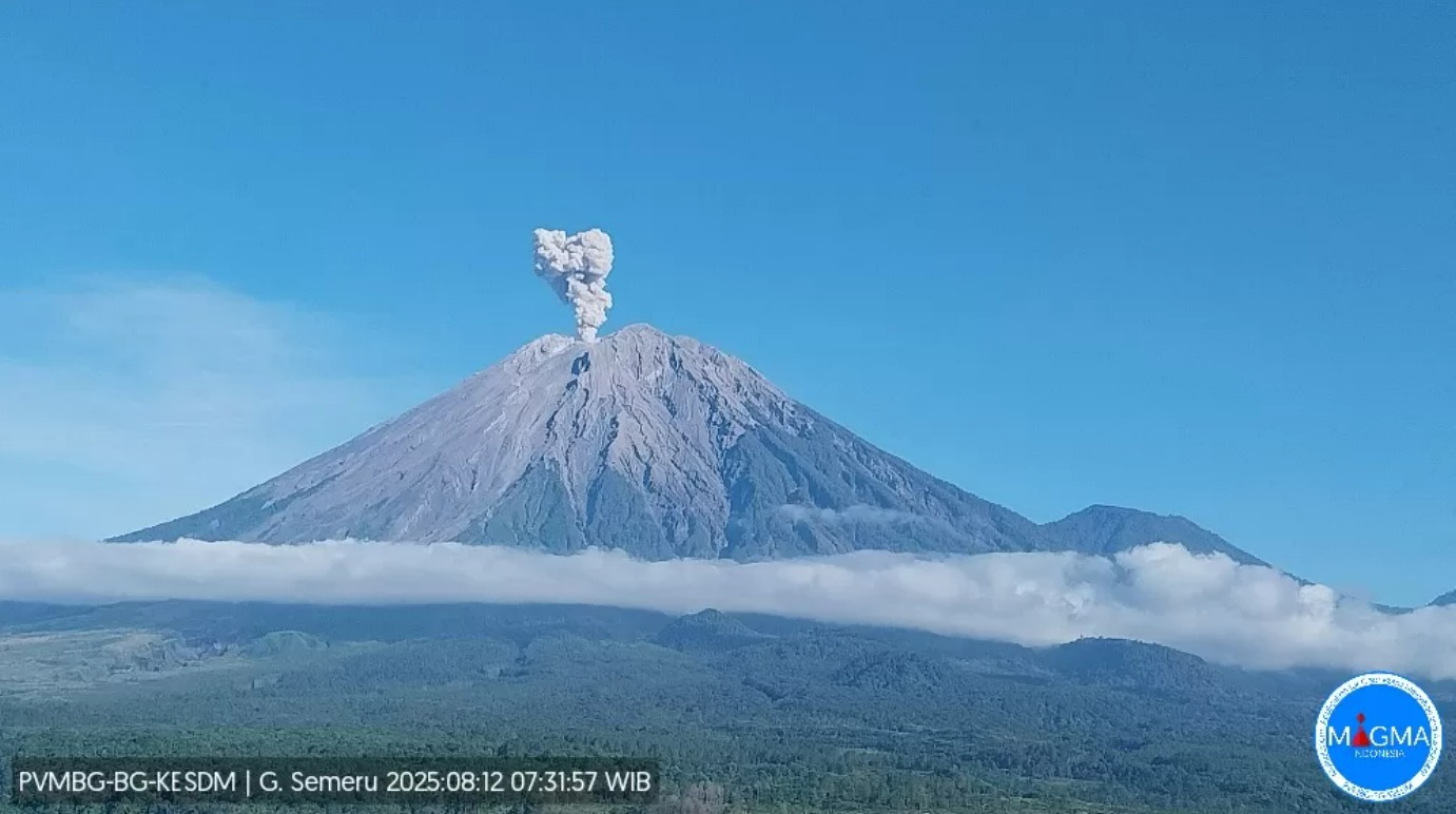 Foto erupsi Gunung Semeru pada Selasa (12/8) pagi