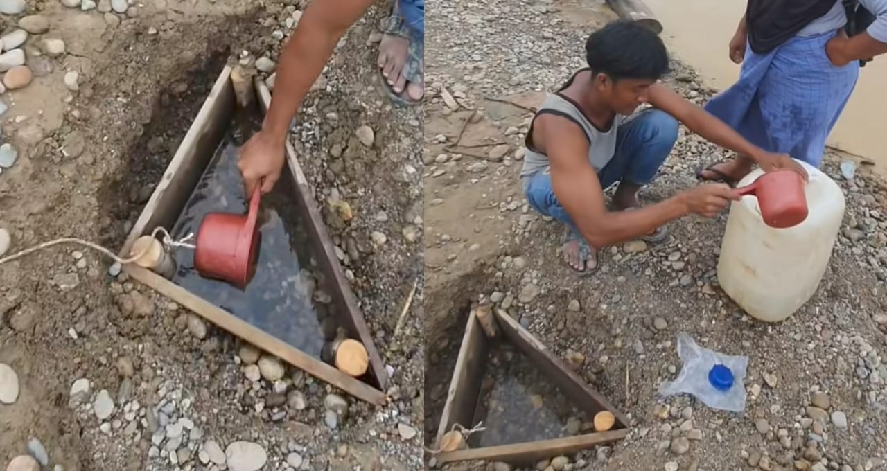 Tangkapan layar warga desa Sekumur, Aceh Tamiang yang membuat sistem penyaringan alami di pinggir pantai.