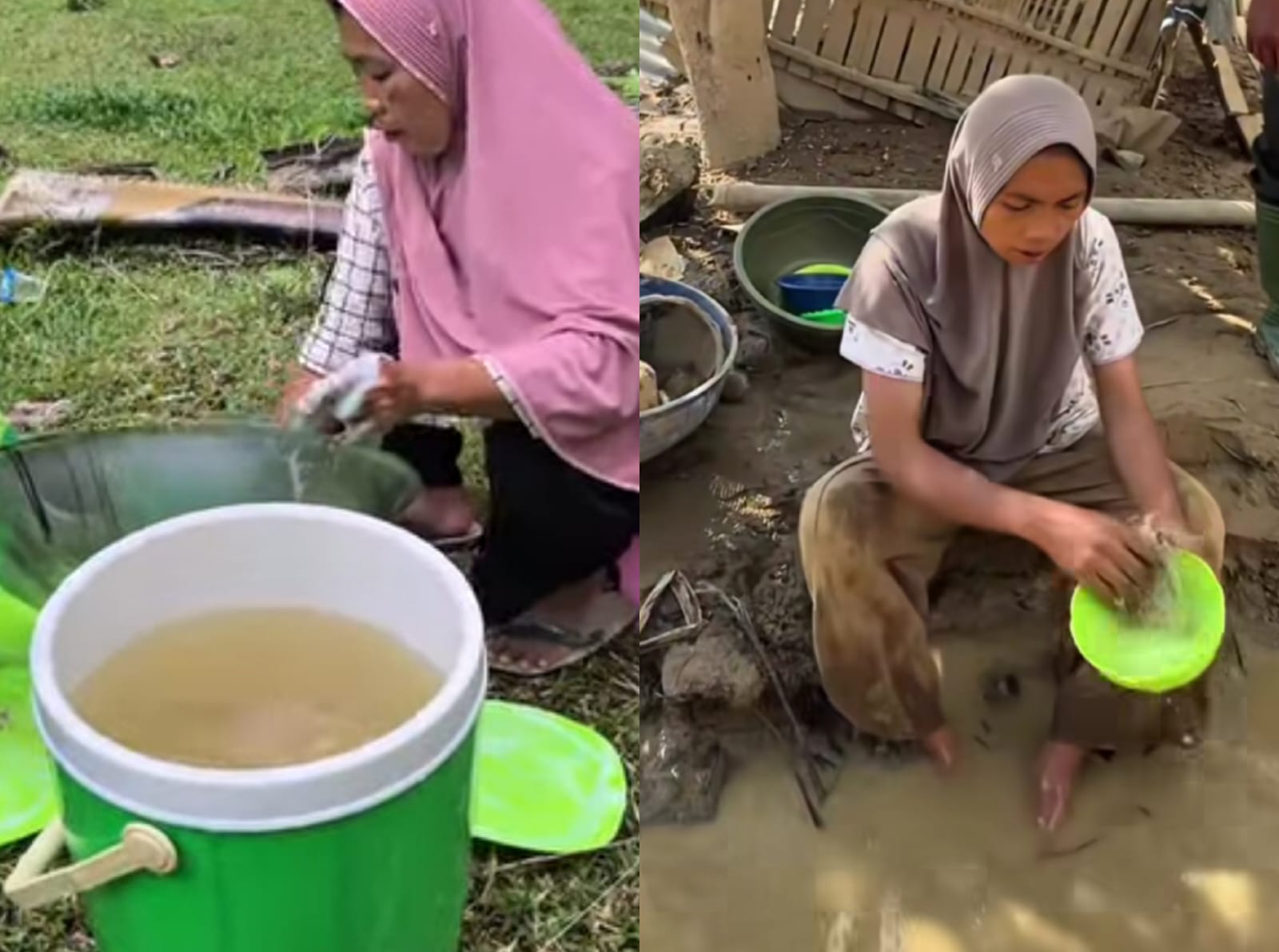 Warga di Tamiang Hulu, Aceh Tamiang menggunakan air sisa banjir untuk beraktivitas. (Instagram/a.muhammadkurniawan.s)