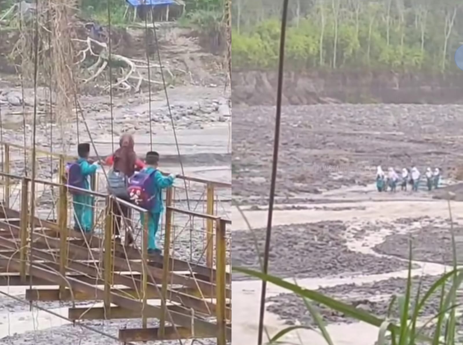 Warga Desa Segene Balik, Aceh Tengah menggunakan jembatan gantung yang rusak untuk menyeberangi sungai. (Instagram/lingkaran_gayo)